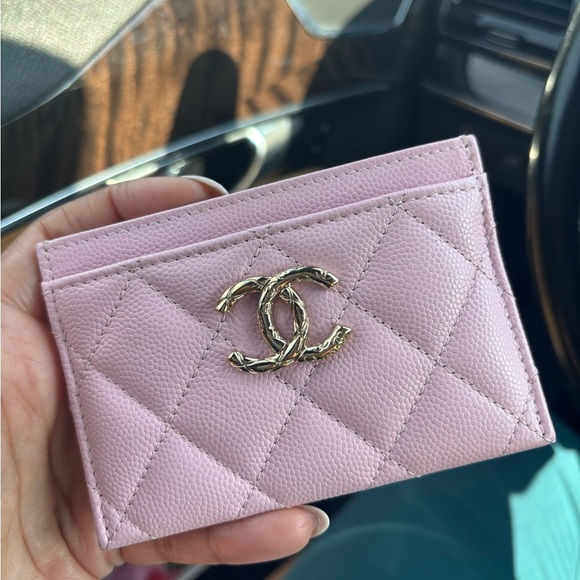 CHANEL Handbags - CHANEL Light Pink Quilted Card Case with Gold Logo
